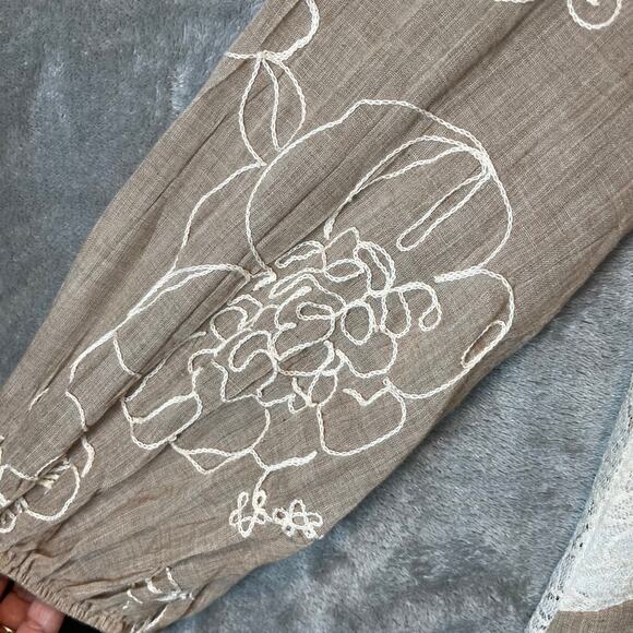 Boho Cottagecore Embroidered Tunic Blouse Cream Beige Lace Floral Peasant Top MD - Picture 5 of 6